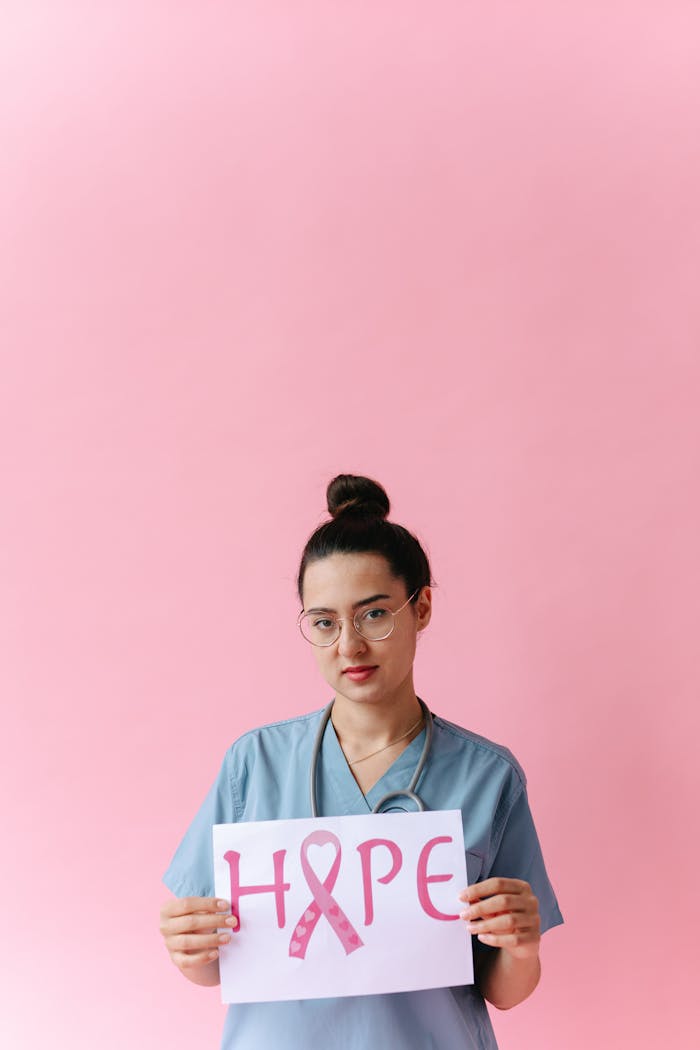 Medical professional promoting breast cancer awareness with a hope sign on a pink background.