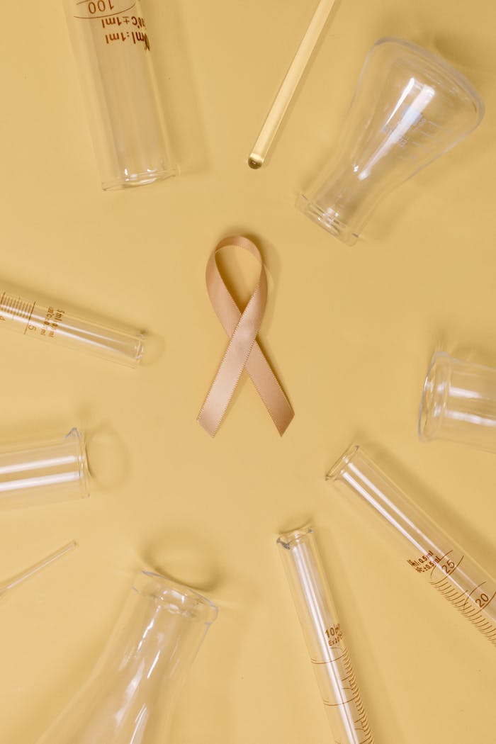 Gold ribbon for cancer awareness surrounded by lab equipment on a yellow background.